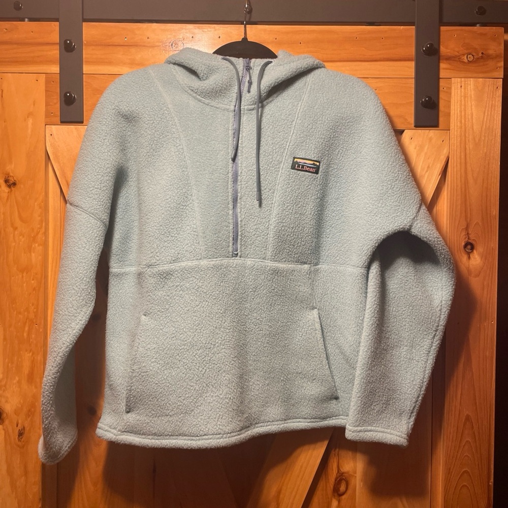 LL Bean Light Blue Half-Zip Fleece Hoodie, size medium petite